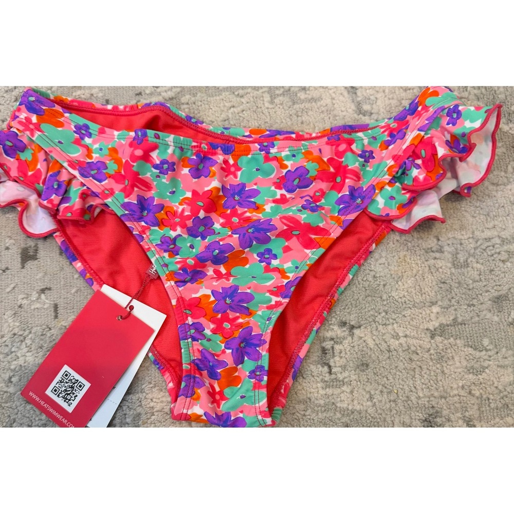 Heat Swimwear St Barts Side Ruffle Bottom Floral Bikini Pink Purple Medium NEW